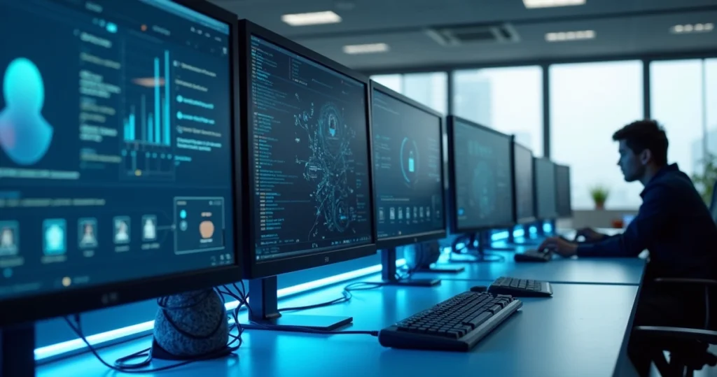 Computadores e telas exibindo softwares de gerenciamento de licenças em ambiente de escritório moderno