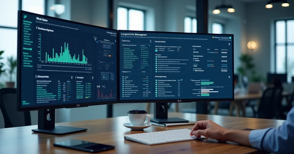 Tela de computador com interface de gestão de credenciais corporativas exibindo gráficos e controles de acesso