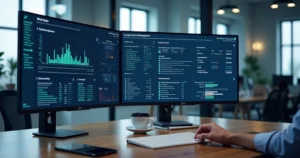 Tela de computador com interface de gestão de credenciais corporativas exibindo gráficos e controles de acesso