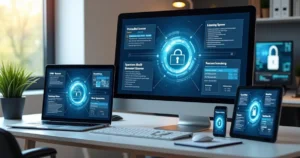 Diversos dispositivos eletrônicos exibindo diferentes tipos de licenciamento de software em telas digitais