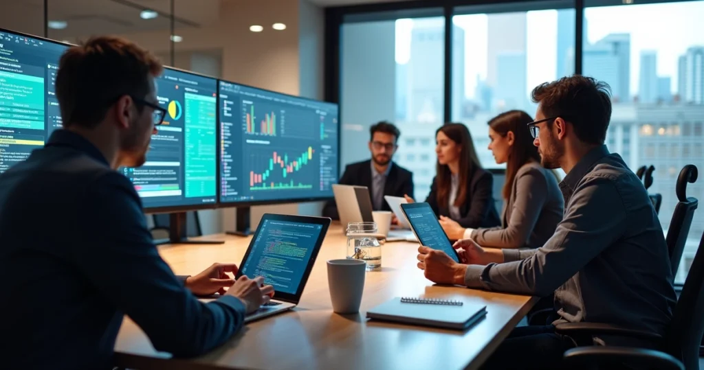 Equipe de profissionais analisando opções de softwares em ambiente de escritório moderno com múltiplas telas e gráficos digitais