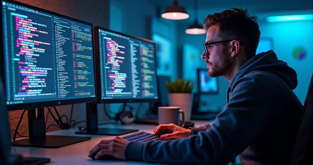 Programador analisando e corrigindo erros em código de API no computador com múltiplas telas