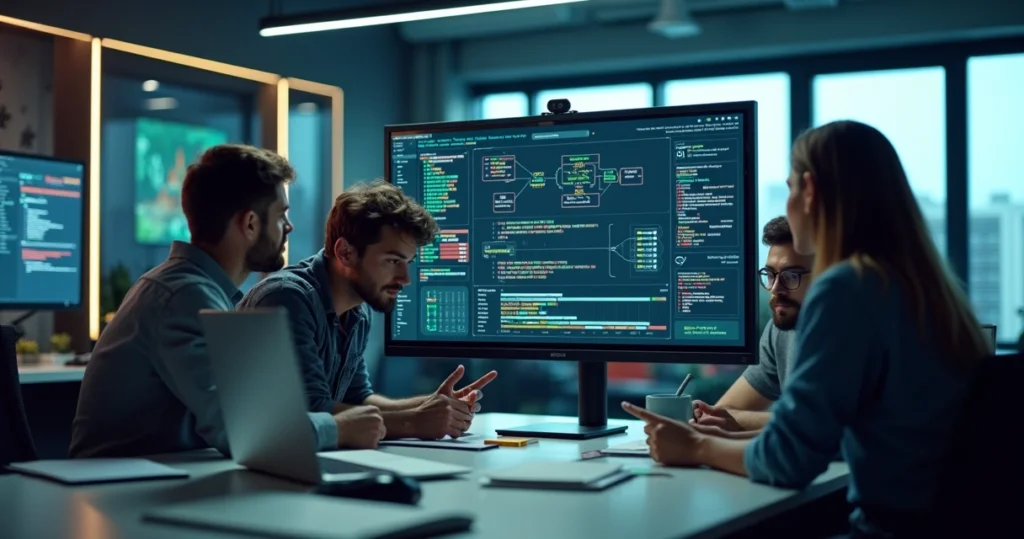 Equipe de TI analisando painel de automação de testes em escritório moderno