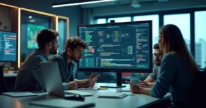 Equipe de TI analisando painel de automação de testes em escritório moderno