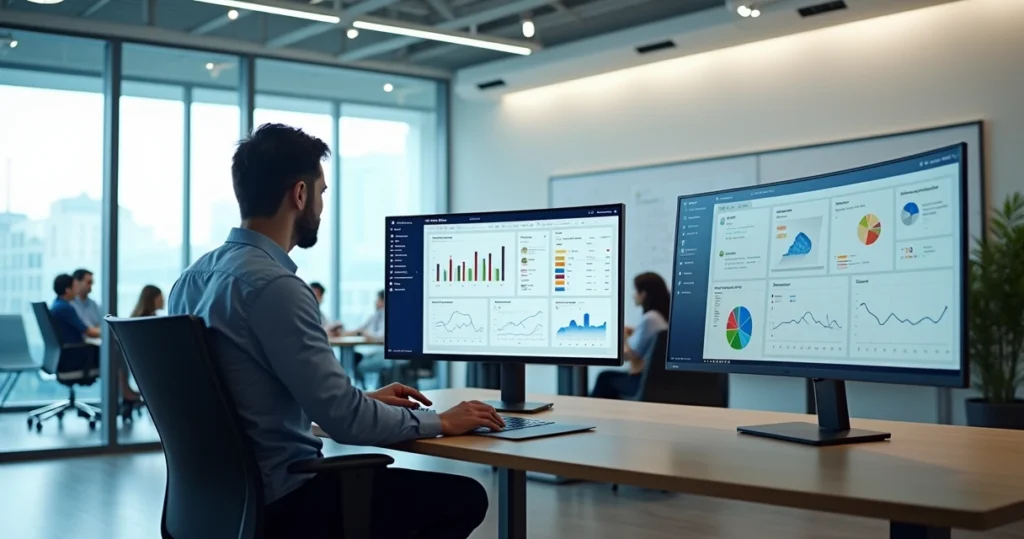 Gestor analisando painel unificado com processos e equipes integrados