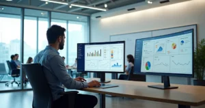 Gestor analisando painel unificado com processos e equipes integrados