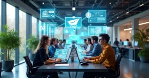 Equipe de profissionais em escritório moderno usando laptops e telas com integração de ChatGPT nos sistemas corporativos