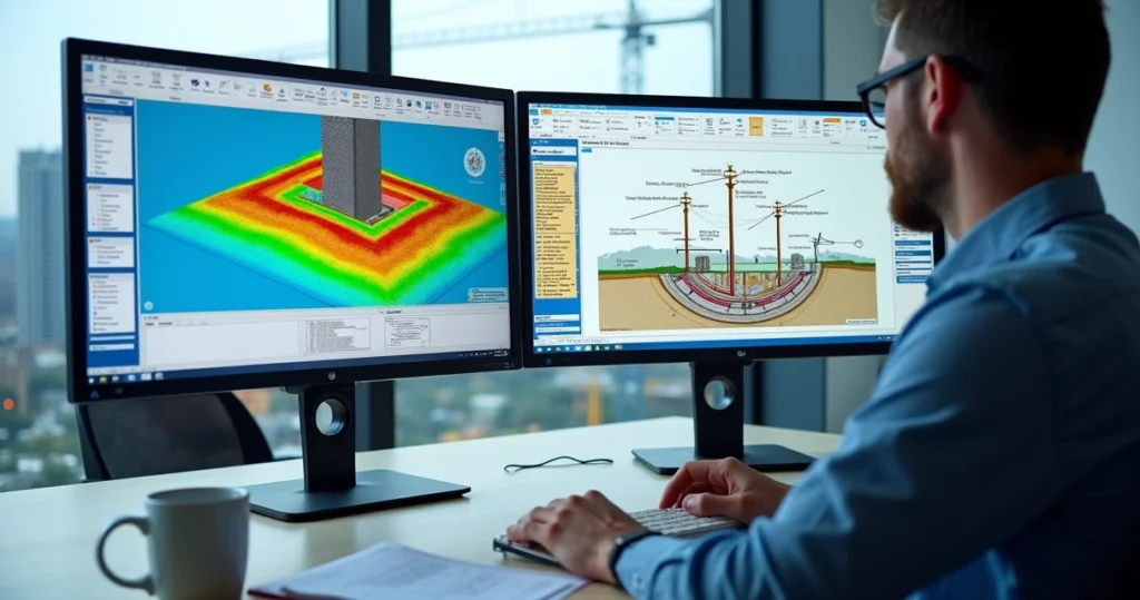 Engenheiro analisa projeto de fundações em software geotécnico 3D em escritório moderno
