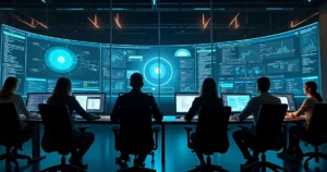 Equipe de TI em sala de controle monitorando painel de segurança Zero Trust