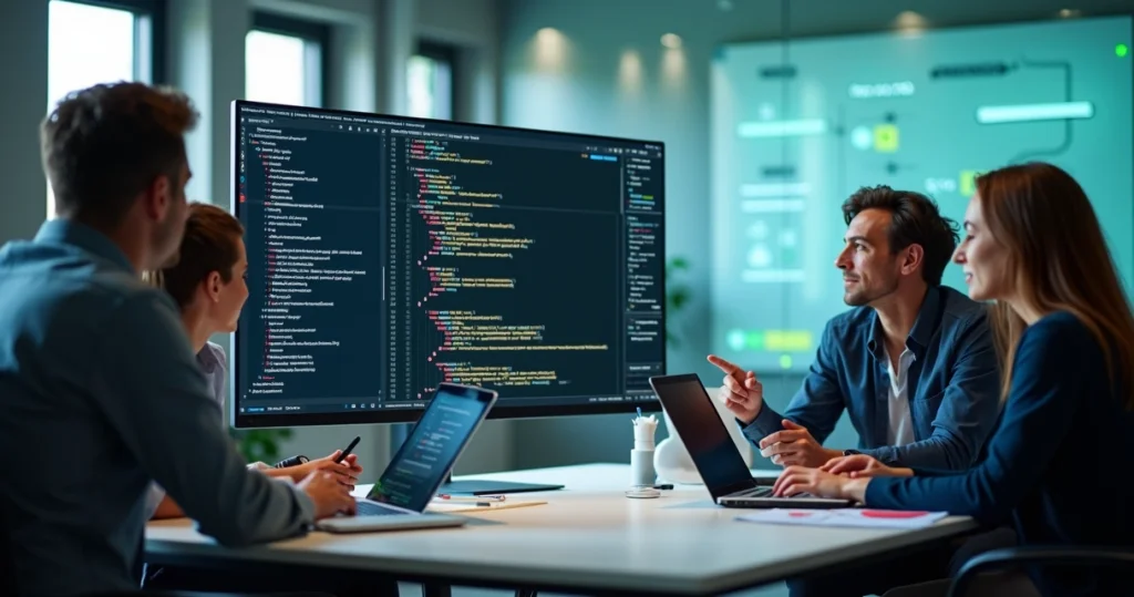 Equipe de TI colaborando diante de painel com métricas de qualidade de código