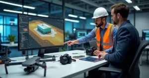 Equipe analisando modelo 3D de terreno com drone e software de fotogrametria