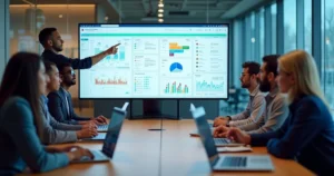 Equipe reunida em mesa com telas exibindo software de gestão de projetos