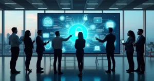 Equipe de TI reunida em frente a um painel digital com fluxos de software e ícones de nuvem