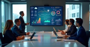 Equipe de TI observando painel com gráficos de desempenho e ícones de nuvem e segurança