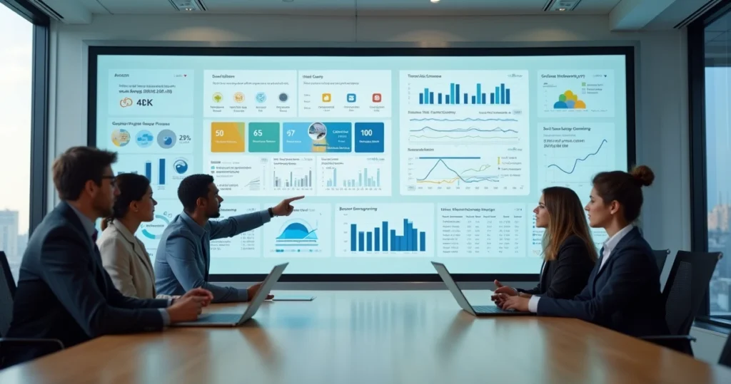 Equipe de TI analisando painel digital de licenças de software na empresa