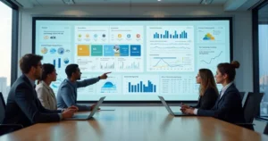 Equipe de TI analisando painel digital de licenças de software na empresa