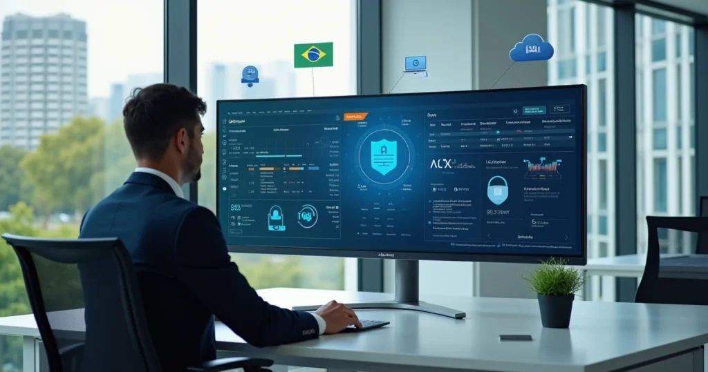 Servidor público analisa licenças de software em painel digital com ícones de segurança e governo