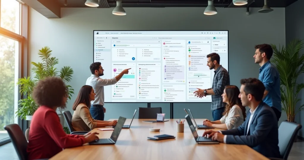 Equipe em escritório moderno colaborando em frente a painel com workspace do Notion