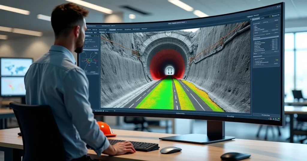 Engenheiro analisa modelo 3D de túnel subterrâneo em tela grande