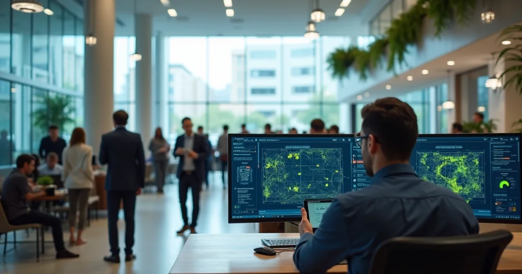 Administrador de TI monitora rede Wi-Fi corporativa em grande ambiente com muitos usuários conectados