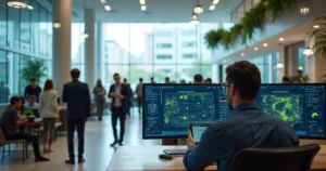 Administrador de TI monitora rede Wi-Fi corporativa em grande ambiente com muitos usuários conectados