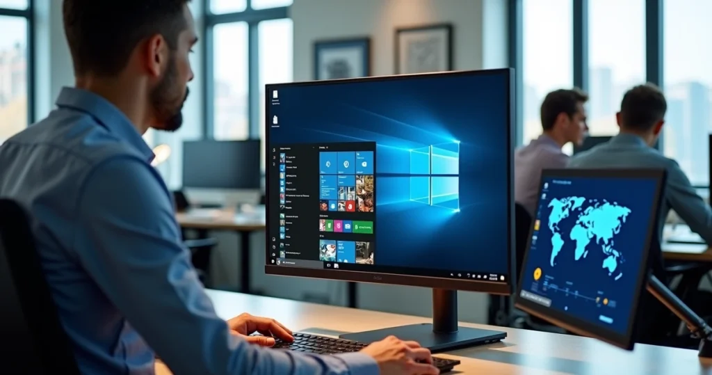 Profissional de TI acessando computador remoto com painel de segurança corporativa na tela