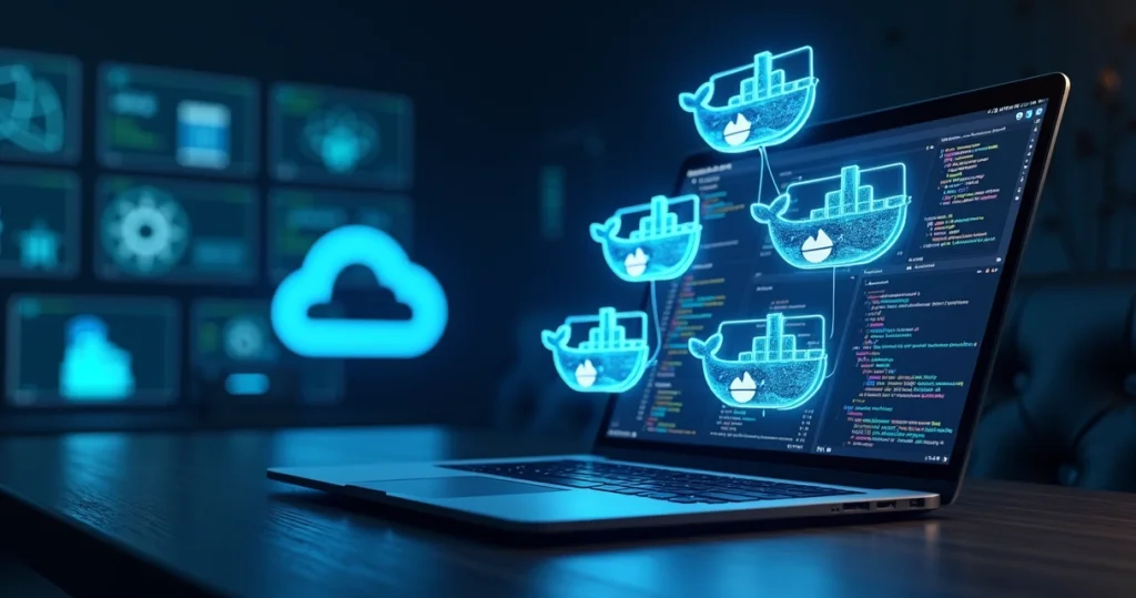 Conceito visual de containers Docker azuis conectados em nuvem sobre fundo escuro tecnológico