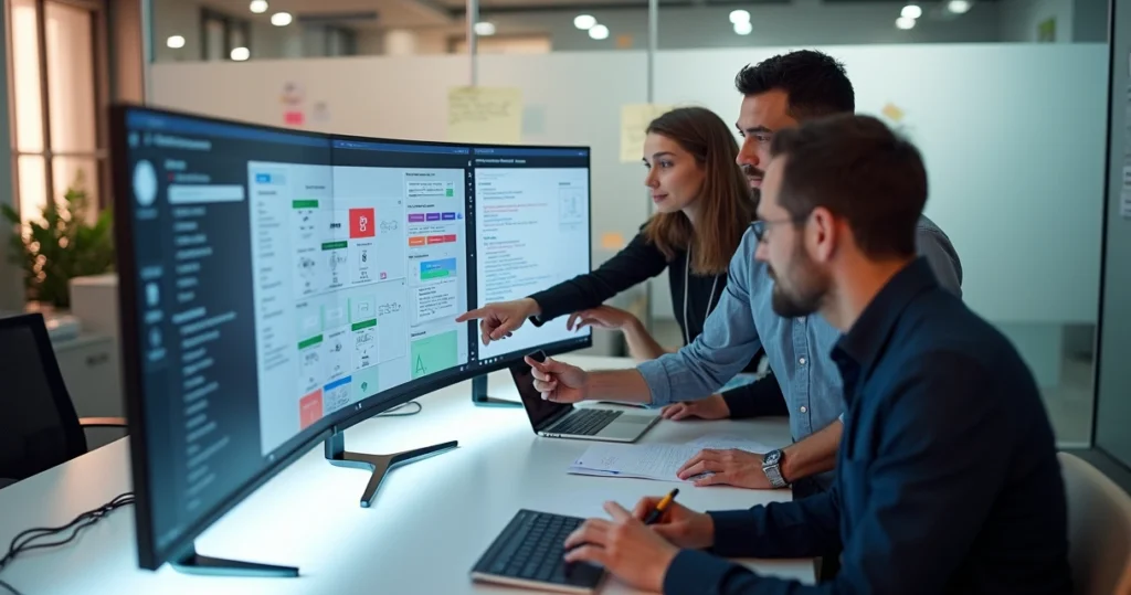 Equipe de tecnologia colaborando em um design system no Figma em múltiplas telas