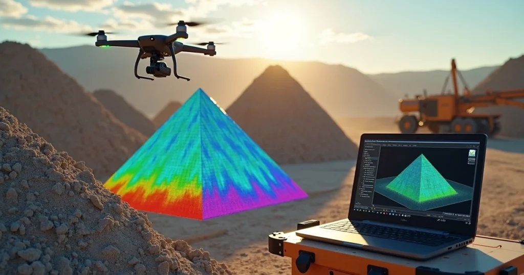 Drone sobrevoando pilha de minério com modelo 3D colorido de volumetria sobreposto