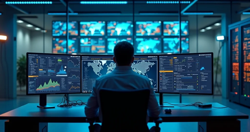 Gestor de TI acompanhando painel de monitoramento de redes e telecom em escritório corporativo moderno