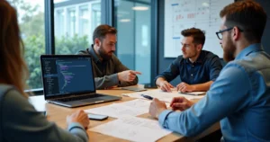 Time de design e desenvolvimento colaborando em handoff no Figma na tela de um laptop