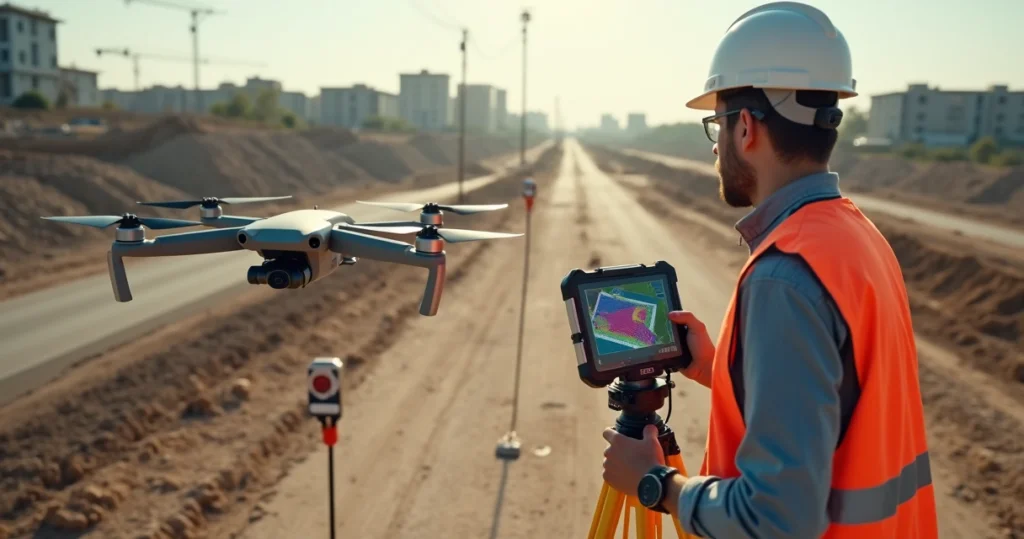 Engenheiro operando drone e receptor GNSS em levantamento topográfico de alta precisão