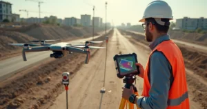 Engenheiro operando drone e receptor GNSS em levantamento topográfico de alta precisão