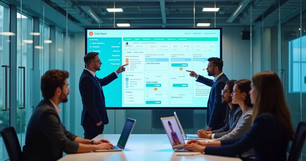 Equipe de TI colaborando em frente a painel digital com tarefas organizadas no Asana