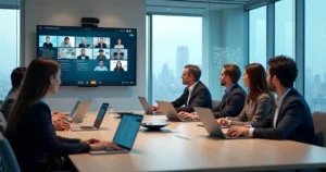 Equipe em reunião híbrida usando Cisco Webex em ambiente corporativo moderno