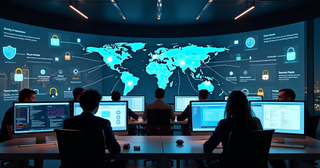 Painel de segurança cibernética com equipe de TI monitorando endpoints em rede corporativa