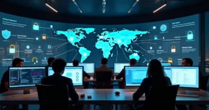 Painel de segurança cibernética com equipe de TI monitorando endpoints em rede corporativa