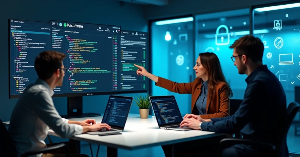 Comparação visual entre painel de SonarQube e desenvolvedores fazendo code review em pipeline CI/CD