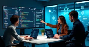 Comparação visual entre painel de SonarQube e desenvolvedores fazendo code review em pipeline CI/CD