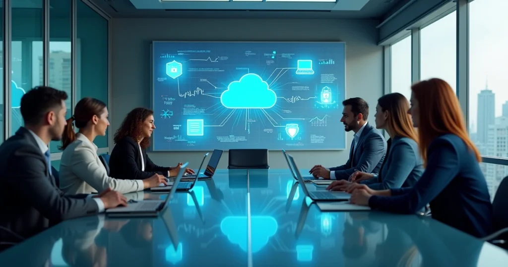Equipe em escritório moderno colaborando diante de painel digital com ícones de nuvem, cadeado e integrações de software