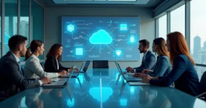 Equipe em escritório moderno colaborando diante de painel digital com ícones de nuvem, cadeado e integrações de software