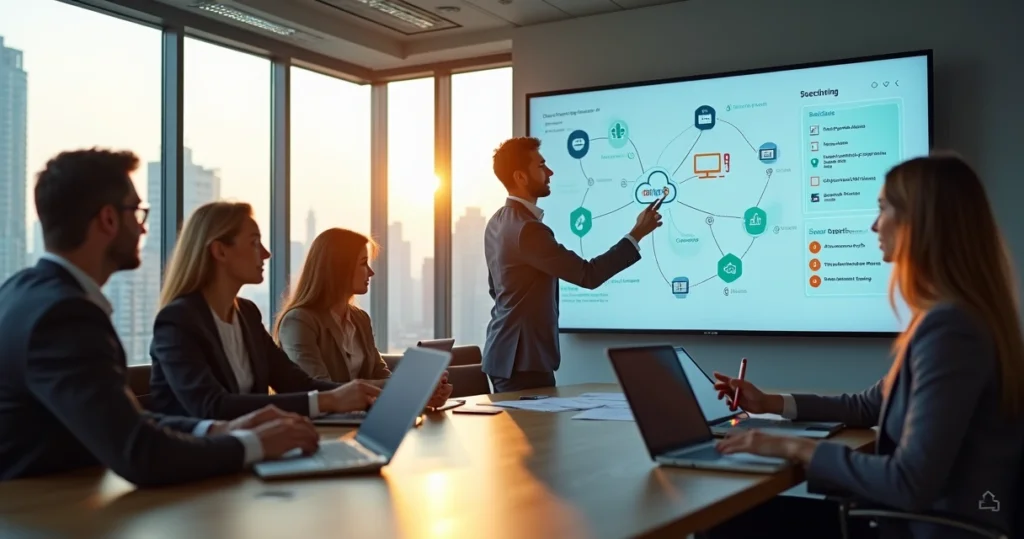 Equipe de TI analisando painel em nuvem com consultor apontando erros e soluções SaaS