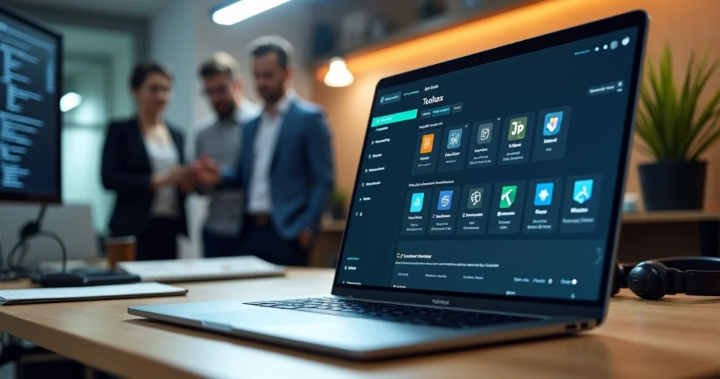 Tela do JetBrains Toolbox aberta em um notebook em uma mesa de time técnico