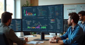 Equipe de desenvolvedores analisando métricas de produtividade em painéis digitais
