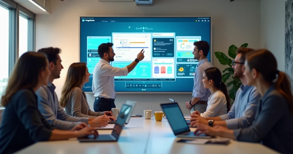 Equipe de design colaborando em interface digital em tela grande