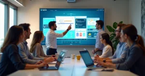 Equipe de design colaborando em interface digital em tela grande