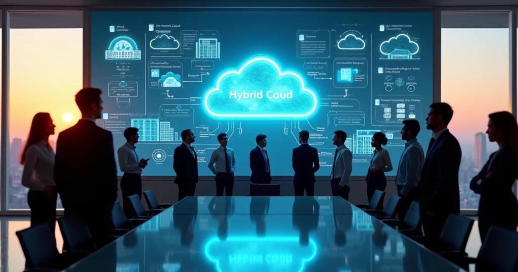 Equipe de negócios observando painel digital com nuvem híbrida conectando data centers e serviços em 2026