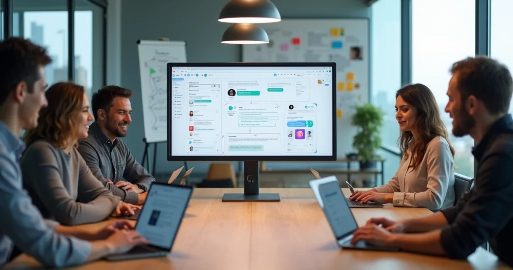 Equipe multidisciplinar colaborando em interface no Figma em tempo real