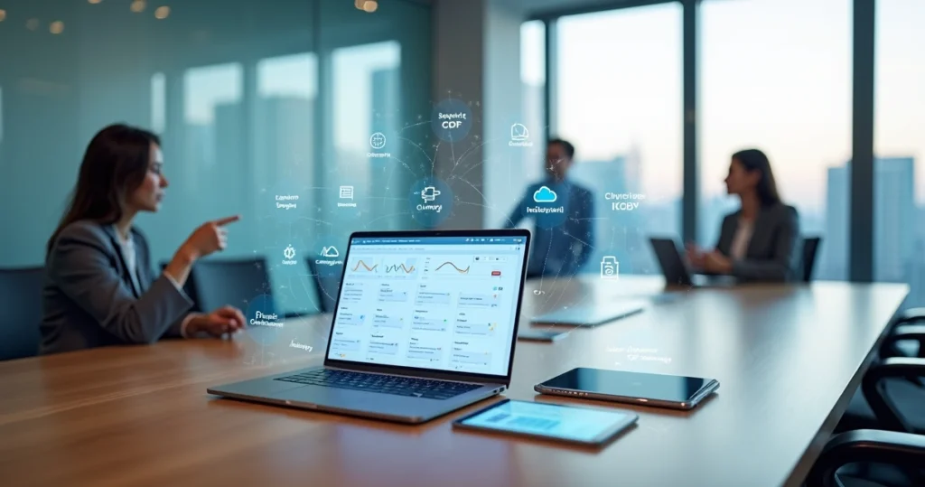 Gestor analisando painel com PDFs e fluxo de assinaturas digitais