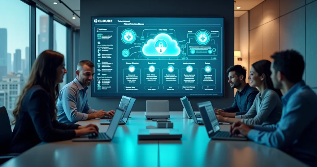 Equipe de TI avaliando painel de nuvem com ícones de segurança de dados